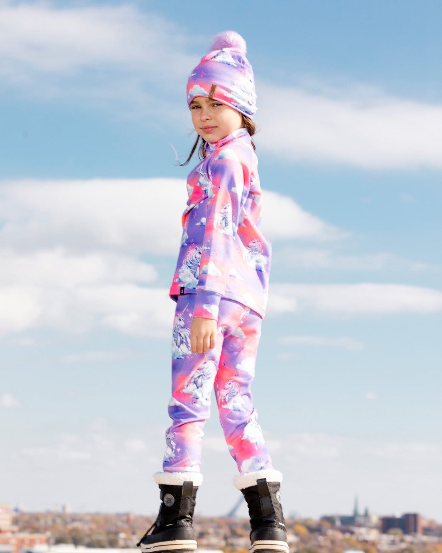 Two Piece Thermal Underwear Set Lavender With Unicorns In The Clouds Print-2