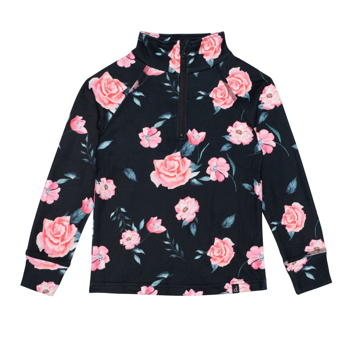 Two Piece Black Thermal Underwear Set With Rose Print-4