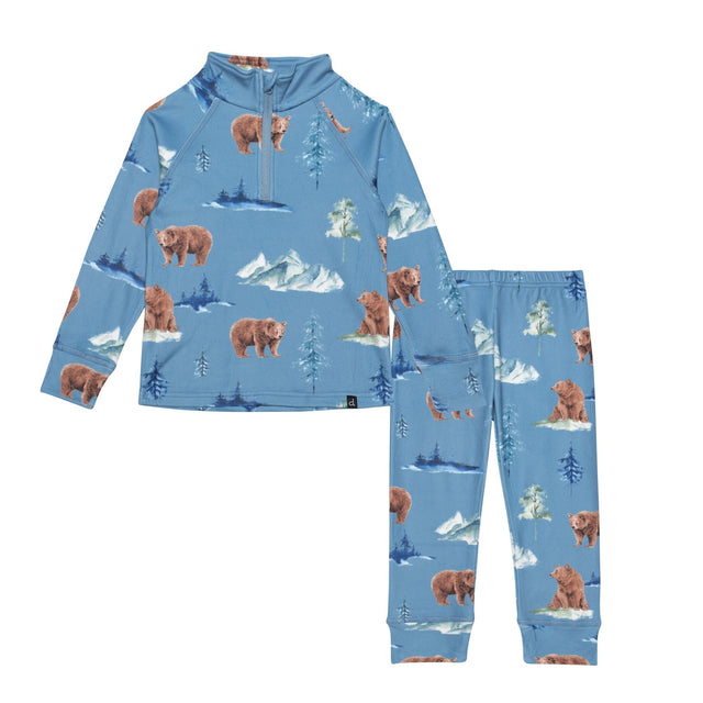Two Piece Thermal Underwear Set Blue With Bear Print-0