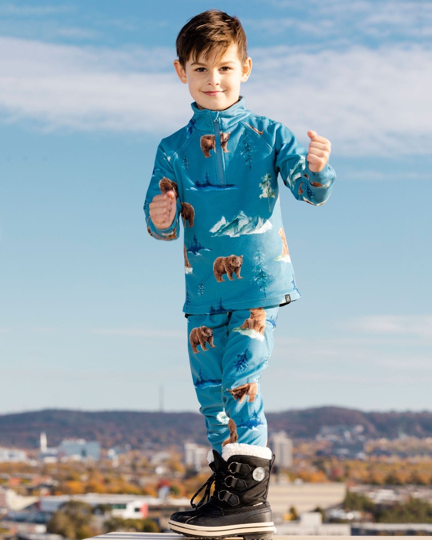 Two Piece Thermal Underwear Set Blue With Bear Print-1