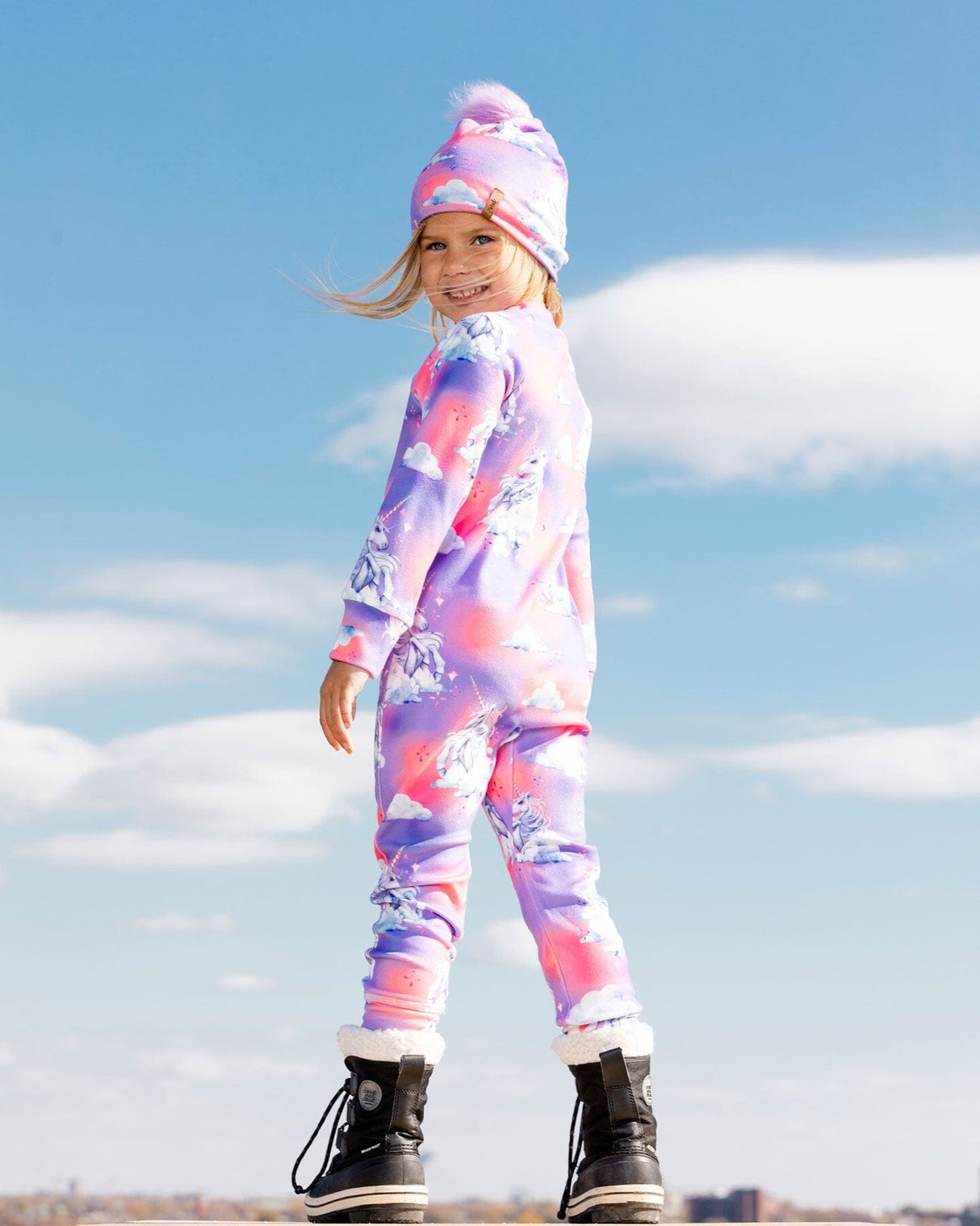 One Piece Thermal Underwear Set Lavender With Unicorns In The Clouds Print-2
