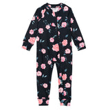 One Piece Black Thermal Underwear Set With Rose Print-0