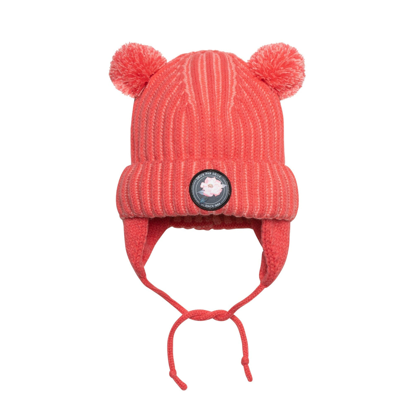 Two Pompoms Knit Hat With Earflap In Coral-0