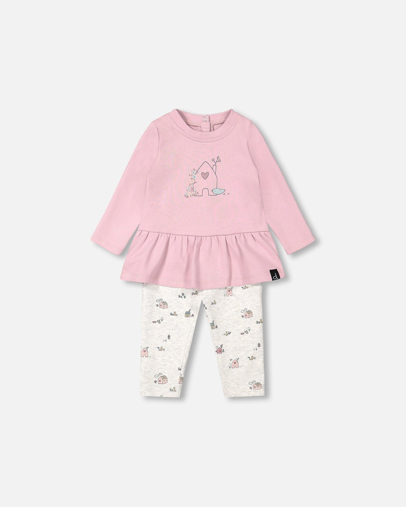 Organic Cotton Tunic And Printed Legging Set Mauve And Beige Little House Print-0