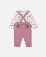 Organic Cotton Printed Onesie And Grow-With-Me Suspender Pant Set Mauve And Beige Little House Print-1