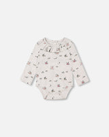 Organic Cotton Printed Onesie And Grow-With-Me Suspender Pant Set Mauve And Beige Little House Print-2
