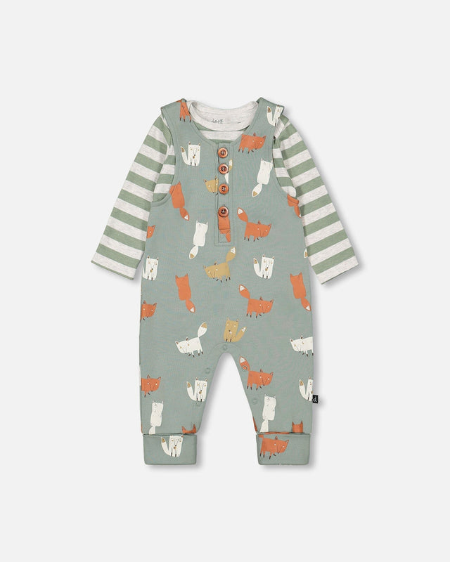 Organic Cotton Stripe Onesie And Grow-With-Me Overall Set Sage Green Little Fox Print-0