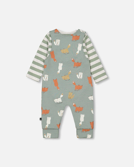 Organic Cotton Stripe Onesie And Grow-With-Me Overall Set Sage Green Little Fox Print-1