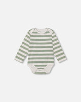 Organic Cotton Stripe Onesie And Grow-With-Me Overall Set Sage Green Little Fox Print-2