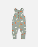 Organic Cotton Stripe Onesie And Grow-With-Me Overall Set Sage Green Little Fox Print-3