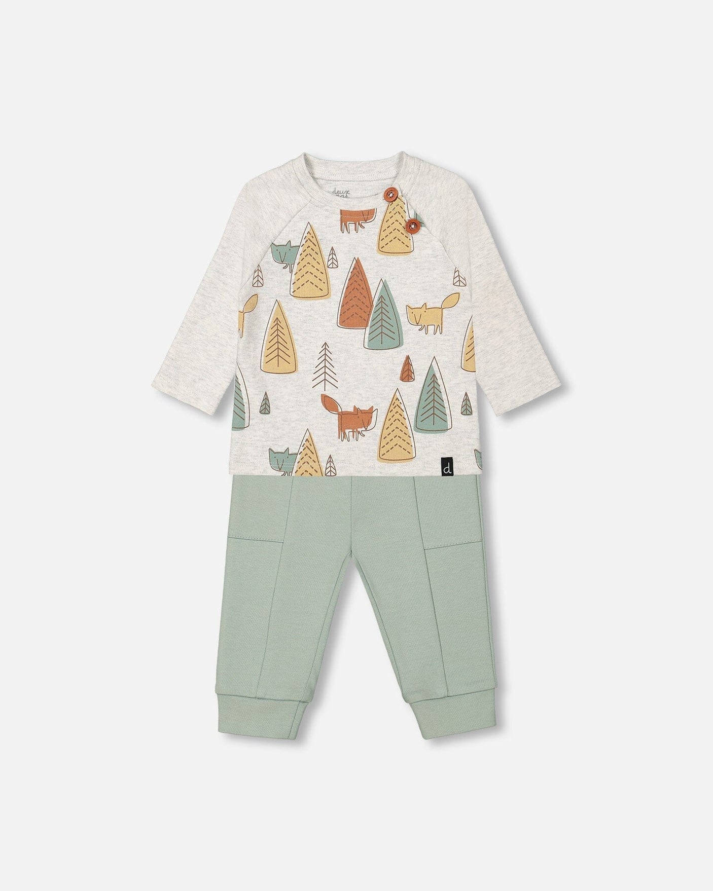 Organic Cotton Printed Top And Pants Set Oatmeal Sly Little Fox Print And Sage Green-0