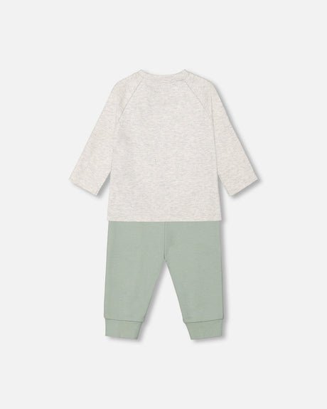 Organic Cotton Printed Top And Pants Set Oatmeal Sly Little Fox Print And Sage Green-1