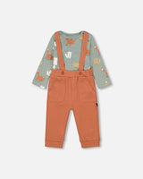 Organic Cotton Printed Onesie And Suspender Pant Set Sage Green Sly Little Fox Print And Mocha-0