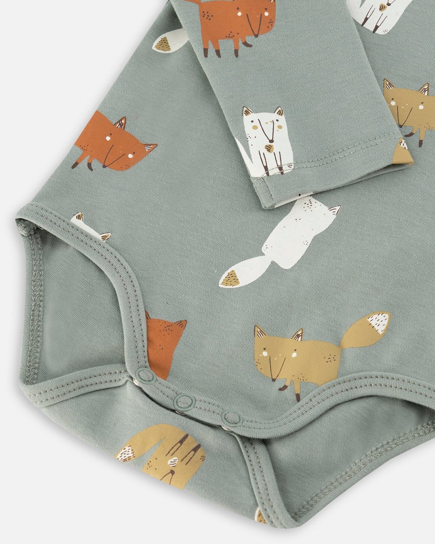 Organic Cotton Printed Onesie And Suspender Pant Set Sage Green Sly Little Fox Print And Mocha-4