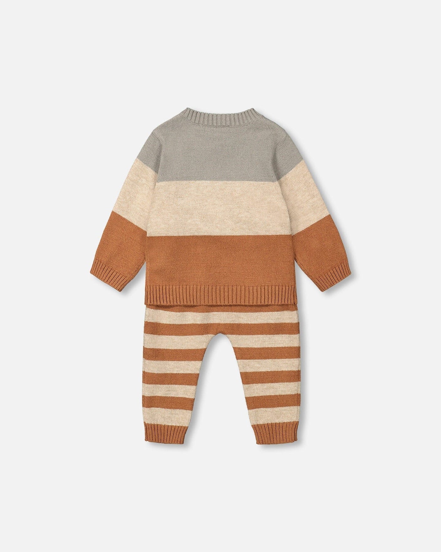 Knitted Color Block Sweater And Pant Set Sage Green And Brown Sugar Stripe-2