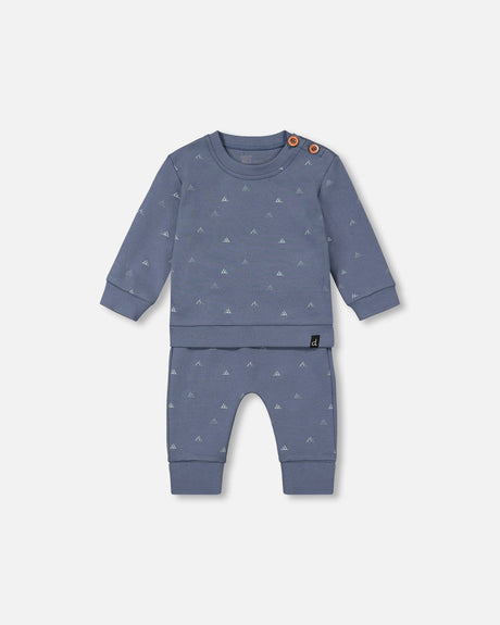Organic Cotton Printed Top And Grow-With-Me Pants Set French Navy Little Mountains-0