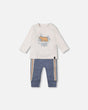 Organic Cotton Top And Grow-With-Me Pants Set Oatmeal And French Navy Little Mountains Print-0