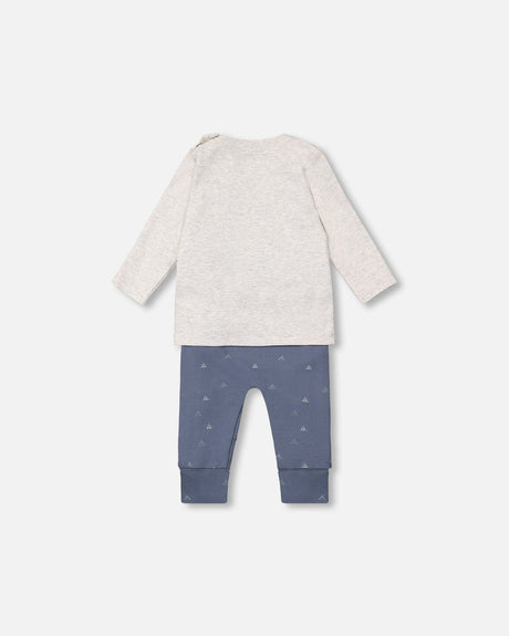 Organic Cotton Top And Grow-With-Me Pants Set Oatmeal And French Navy Little Mountains Print-1