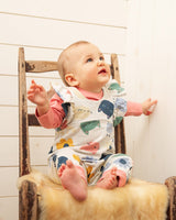 Long Sleeve Organic Cotton Top And French Terry Overalls Set Oatmeal Flowery Cats Print-2