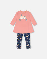 Organic Cotton Tunic And Printed Legging Set Rosette Pink And Navy-0