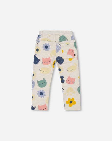 Printed Stretch French Terry Sweatpants Oatmeal Flowery Cats-1