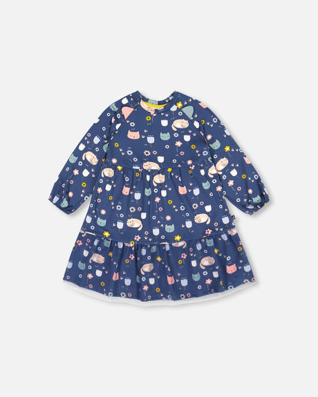 Printed Dress With Mesh Frill Navy Sleepy Cats-0