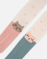 Tights With Cat Face Cream, Rosette Pink And Sage Green-4