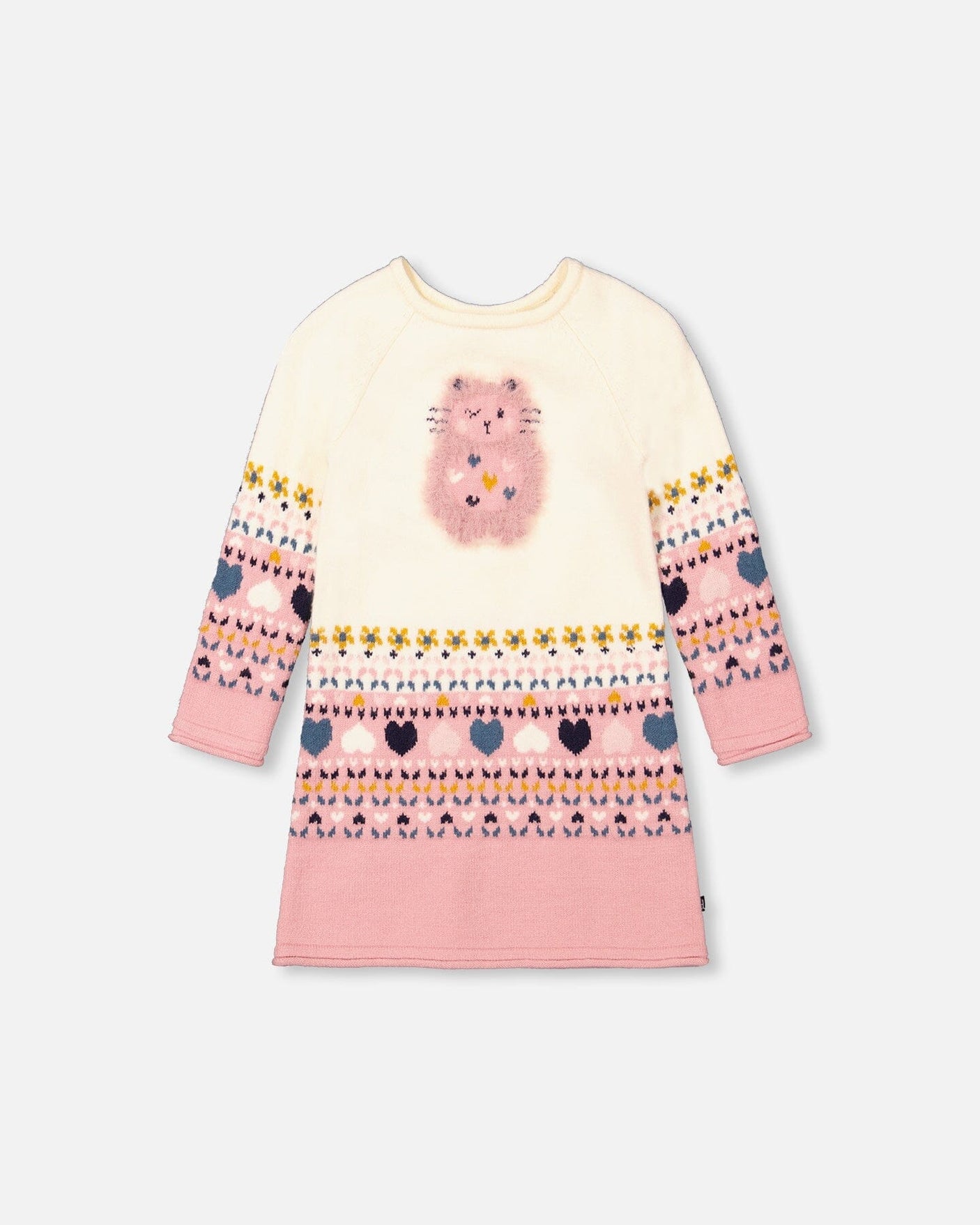Knitted Dress With Intarsia Cream And Rosette Pink-0