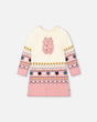 Knitted Dress With Intarsia Cream And Rosette Pink-0