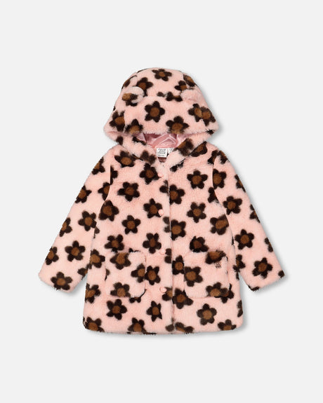 Jacquard Faux Fur Hooded Coat Pink With Brown Flower-1