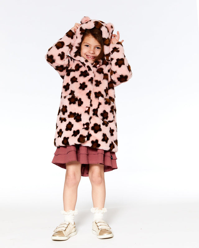 Jacquard Faux Fur Hooded Coat Pink With Brown Flower-2
