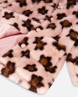 Jacquard Faux Fur Hooded Coat Pink With Brown Flower-0