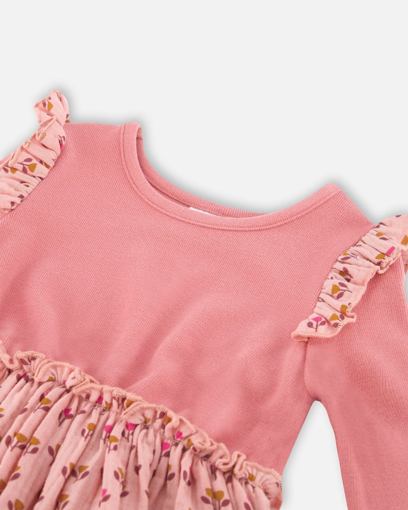 Pink Bi-Material Dress In Muslin With Tulip Print-4