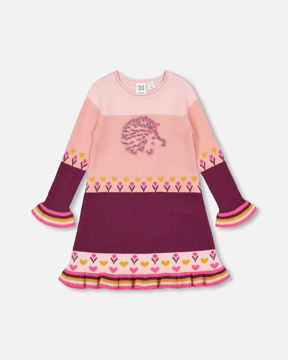 Color Block Knitted Sweater Dress Pink With Hedgehog Intarsia-0