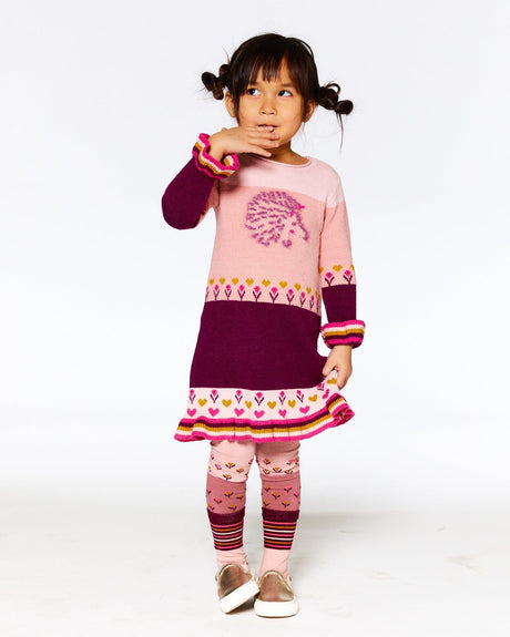 Color Block Knitted Sweater Dress Pink With Hedgehog Intarsia-2