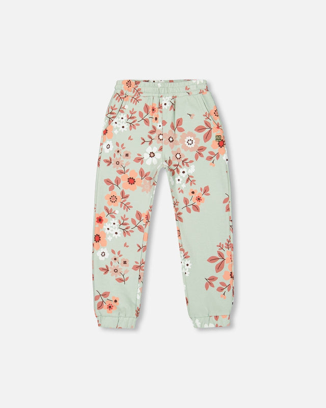 Printed Fleece Sweatpants Sage Green With Flowers-0