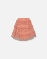 Below The Knee Mesh Skirt With Frills Salmon Pink-3