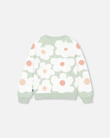 Jacquard Knit Sweater Sage Green With Retro Flowers-3