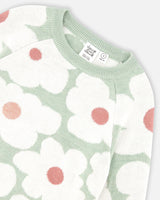 Jacquard Knit Sweater Sage Green With Retro Flowers-4