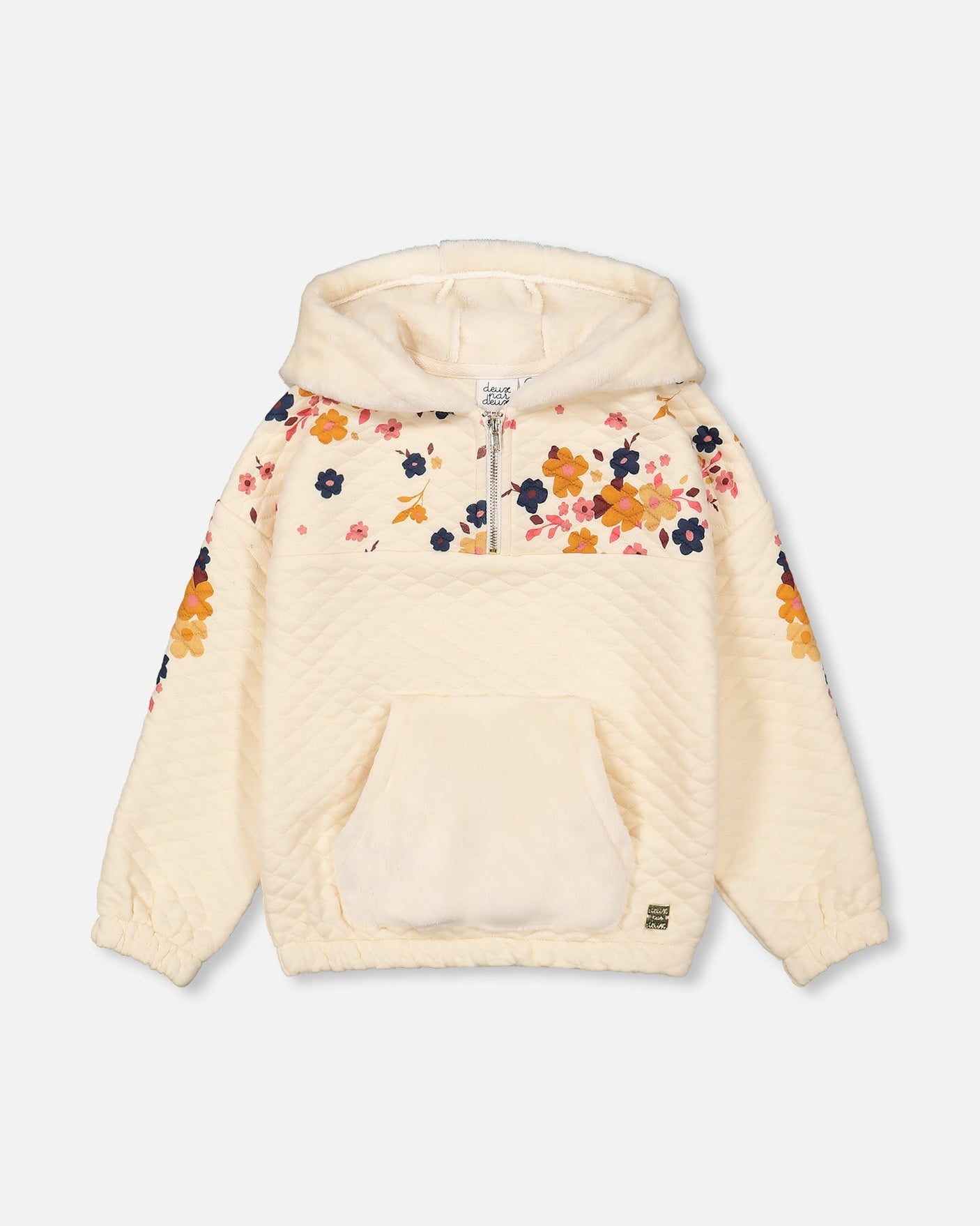 Quilted Fleece Hooded Top With Pocket Off White-0