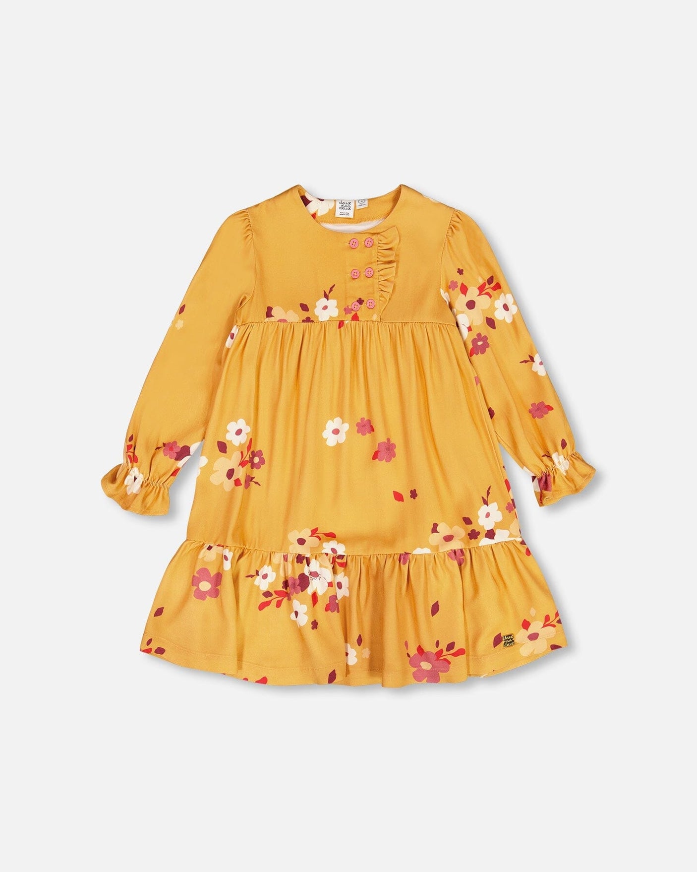 Peasant Woven Dress With Frills Yellow Ochre Floral Print-0