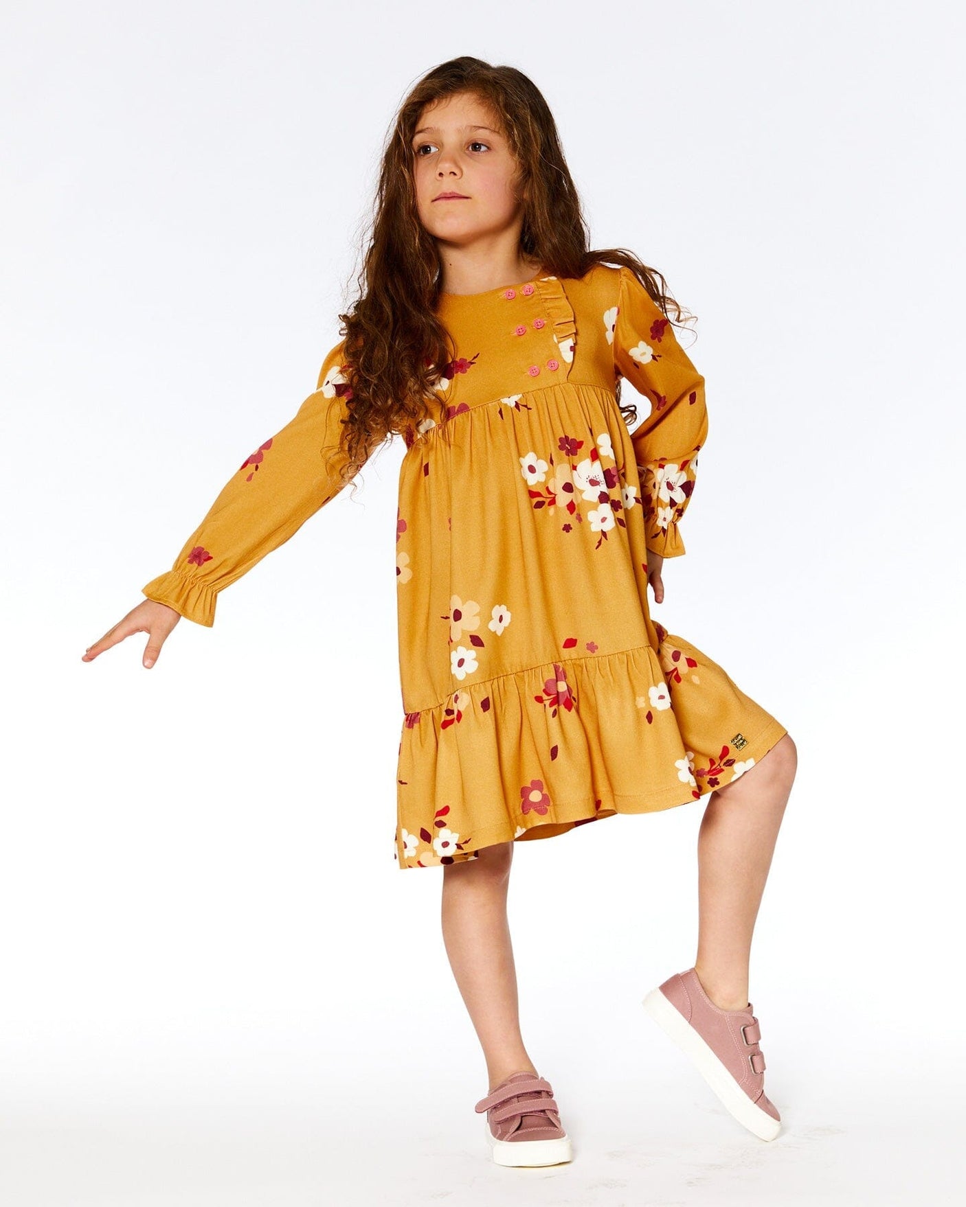 Peasant Woven Dress With Frills Yellow Ochre Floral Print-2