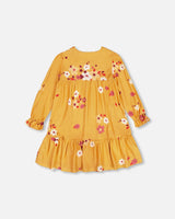 Peasant Woven Dress With Frills Yellow Ochre Floral Print-3