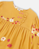 Peasant Woven Dress With Frills Yellow Ochre Floral Print-4
