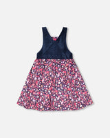 Bi-Material Embroidered Overall Dress Dark Navy Ditsy Flower Print-2