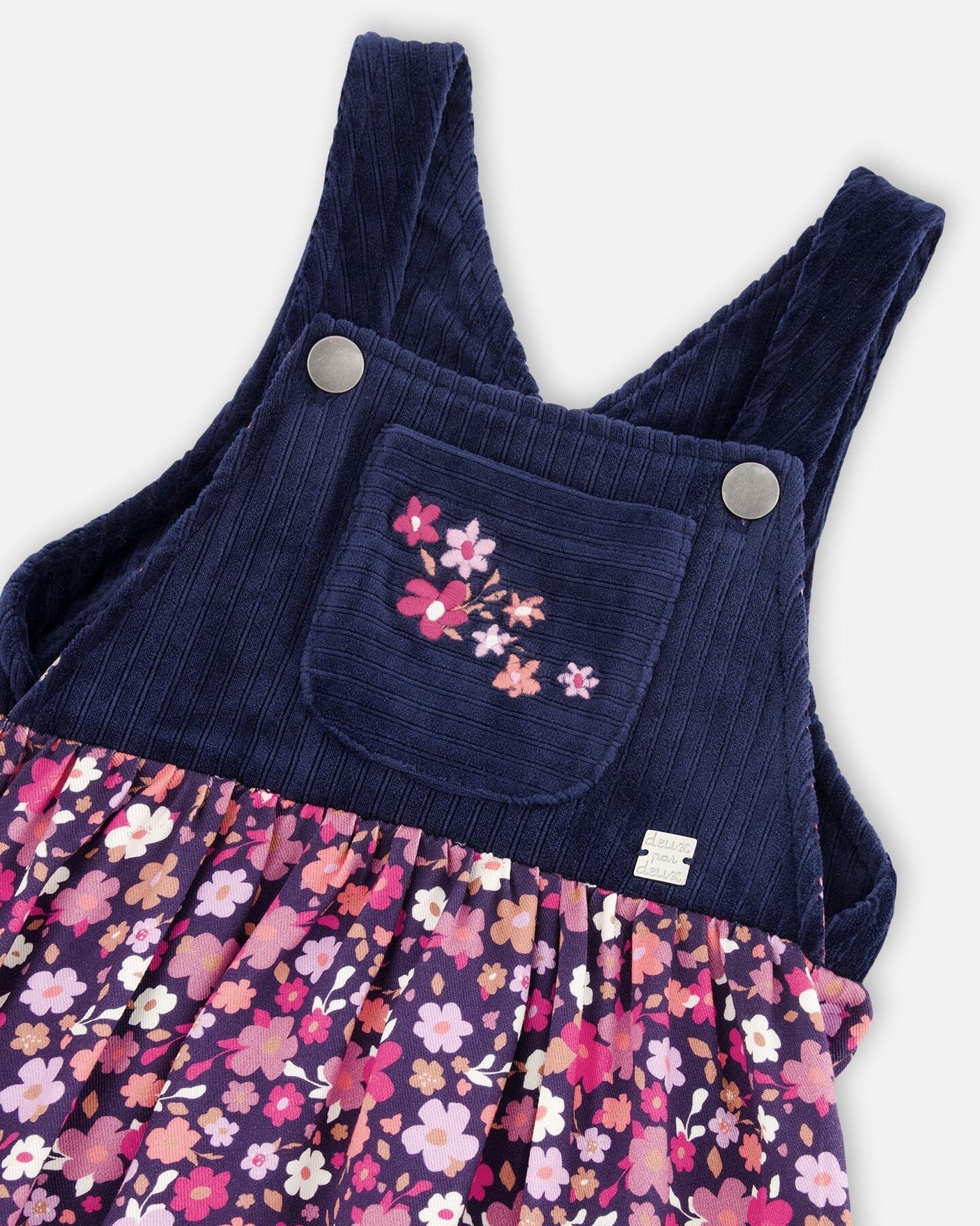 Bi-Material Embroidered Overall Dress Dark Navy Ditsy Flower Print-3