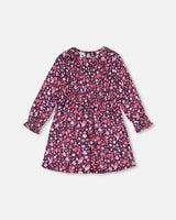 Printed Woven Dress With Puffy Long Sleeves Dark Navy Ditsy Flowers-0