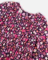 Printed Woven Dress With Puffy Long Sleeves Dark Navy Ditsy Flowers-4