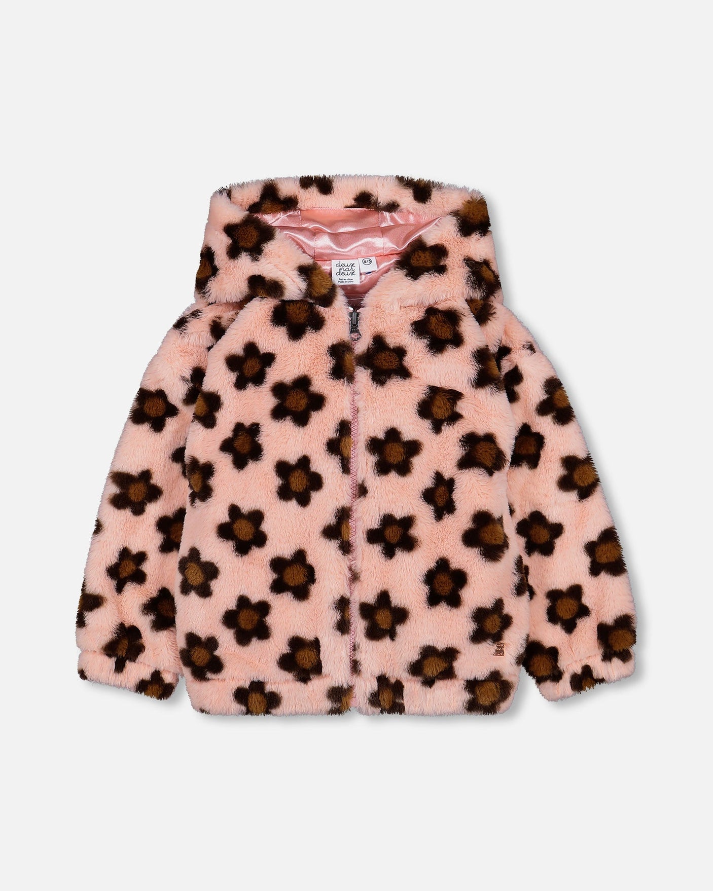 Faux Fur Hooded Jacket Pink Printed With Brown Flowers-0