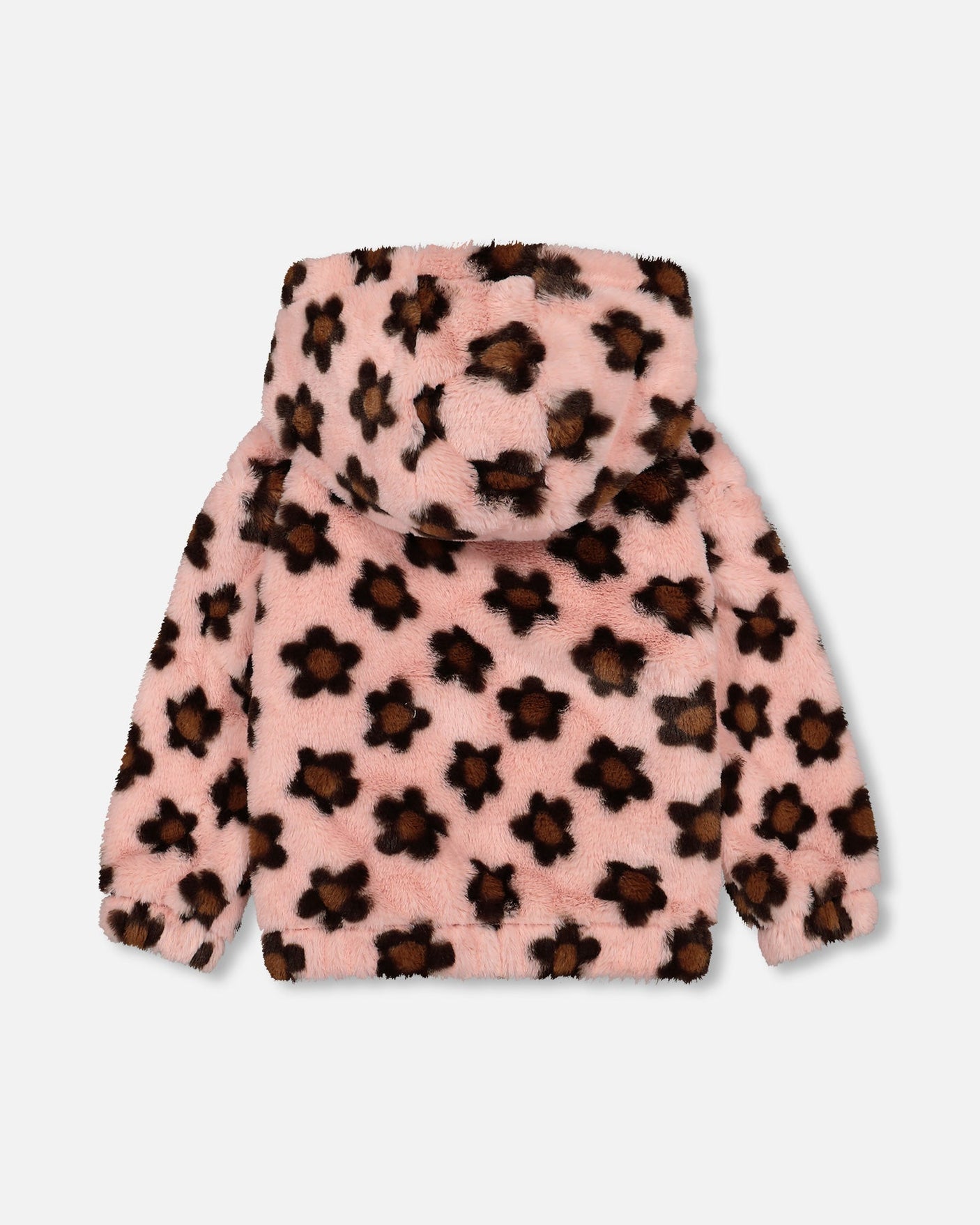 Faux Fur Hooded Jacket Pink Printed With Brown Flowers-2
